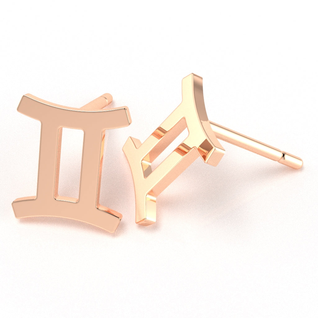 Gemini Zodiac Sign Stud Earrings In Solid 14K Rose Gold