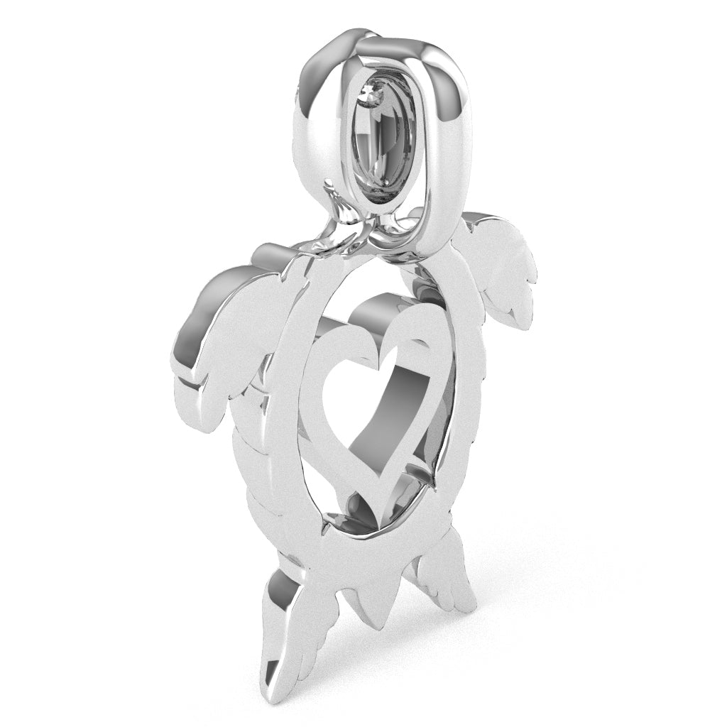 Sea Turtle Love Heart  Diamond Pendant In Solid 10k White Gold