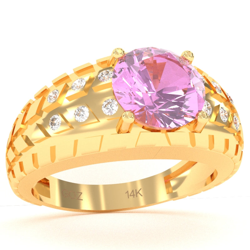 Men's Tire Tread Lab-Created Pink Sapphire Diamond Ring In Solid 14k Yellow Gold