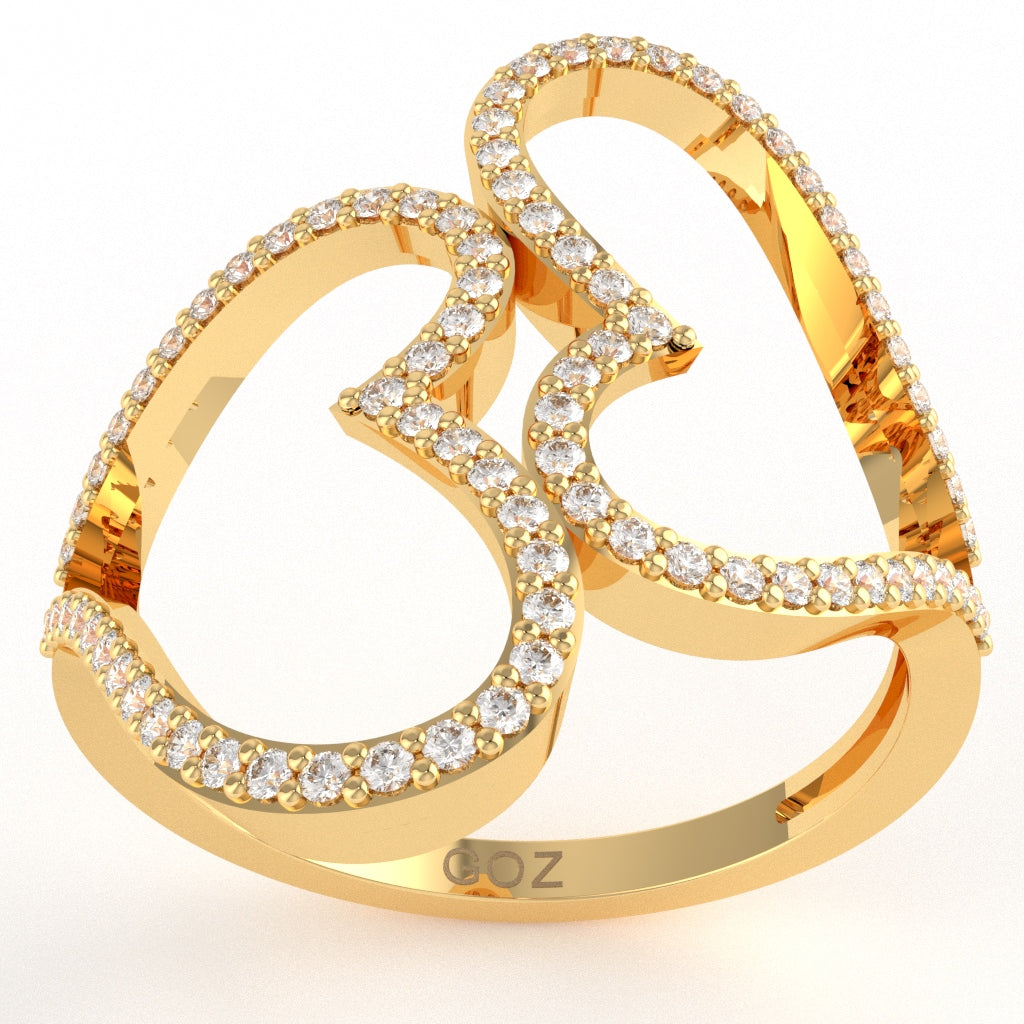 2 Hearts Designer Diamond Cocktail Ring In 14k Yellow Gold