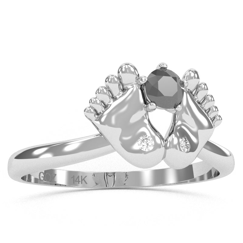 Baby Feet Black Onyx Diamond Ring In 14k White Gold