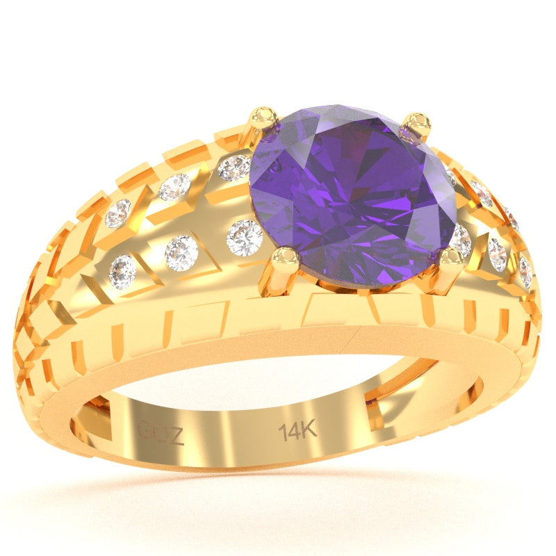 Men's Tire Tread Amethyst Diamond Ring In Solid 14k Yellow Gold