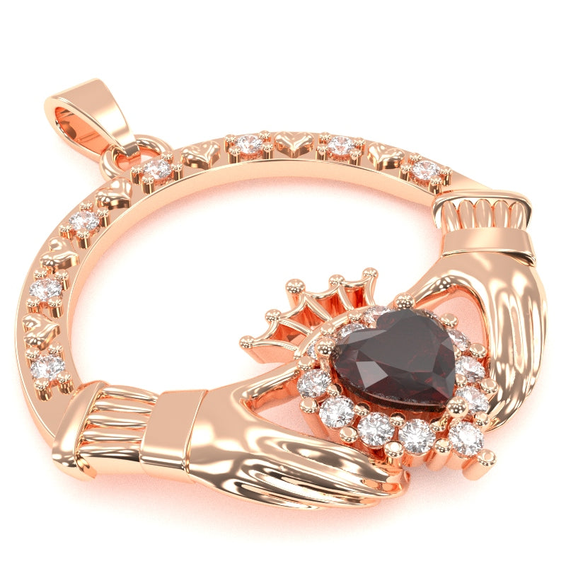 Garnet Diamond Claddagh  Pendant in 14k Rose Gold