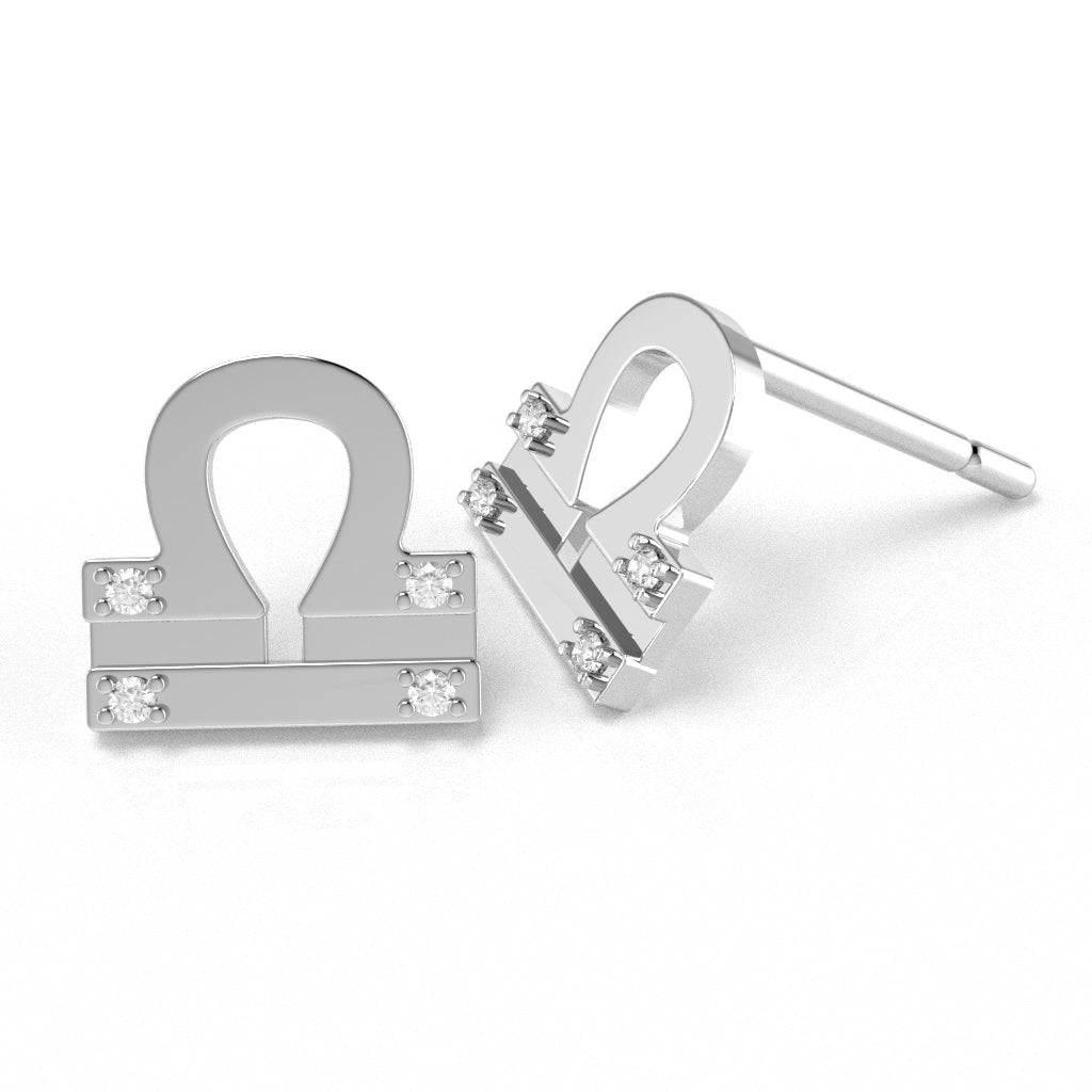 Libra Zodiac Sign Diamond Stud Earrings In Solid 10K White Gold