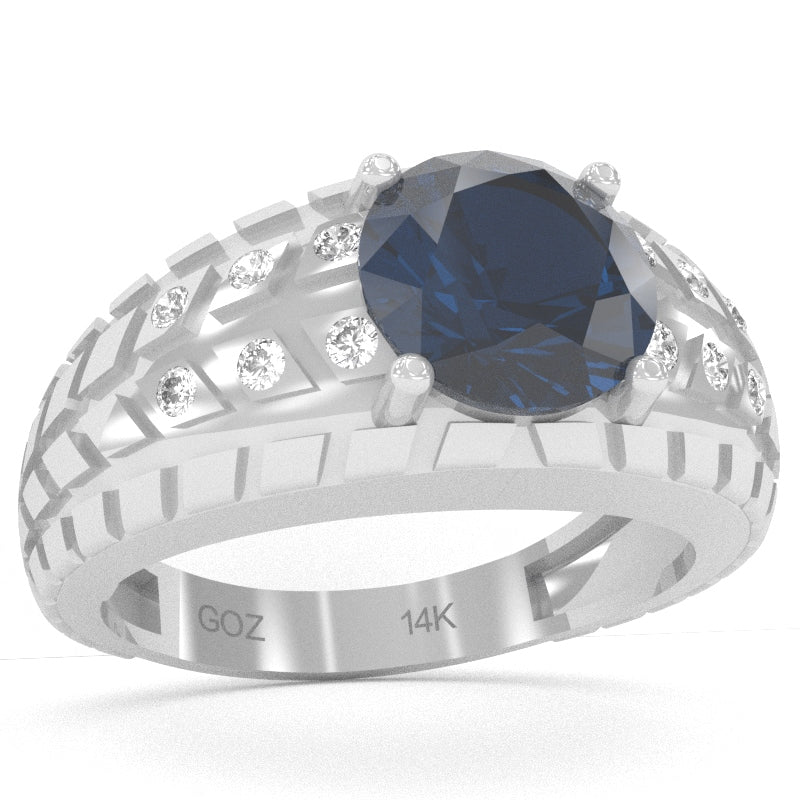 Men's Tire Tread Lab-Created Sapphire Diamond Ring In Solid 14k White Gold