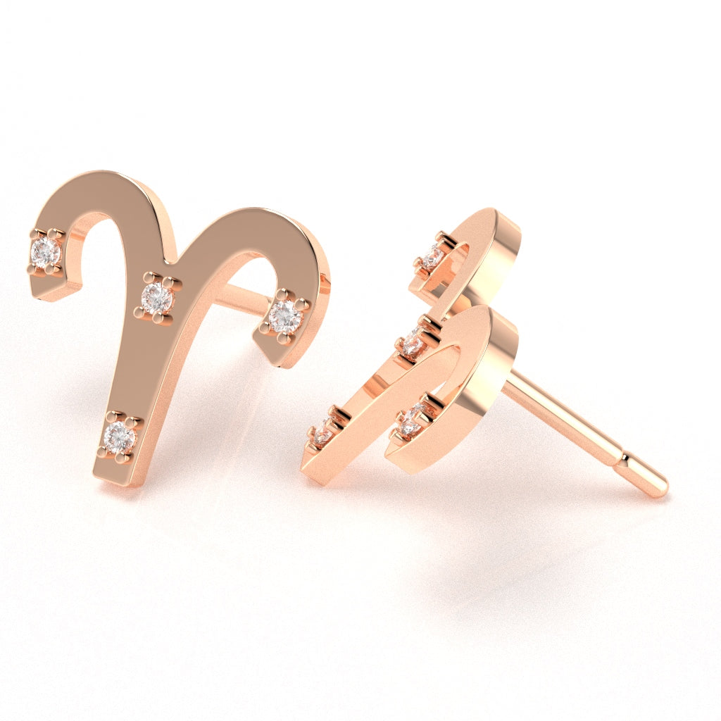 Aries Zodiac Sign Diamond Stud Earrings In Solid 10K Rose Gold