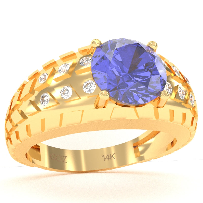 Men's Tire Tread Tanzanite Diamond Ring In Solid 14k Yellow Gold