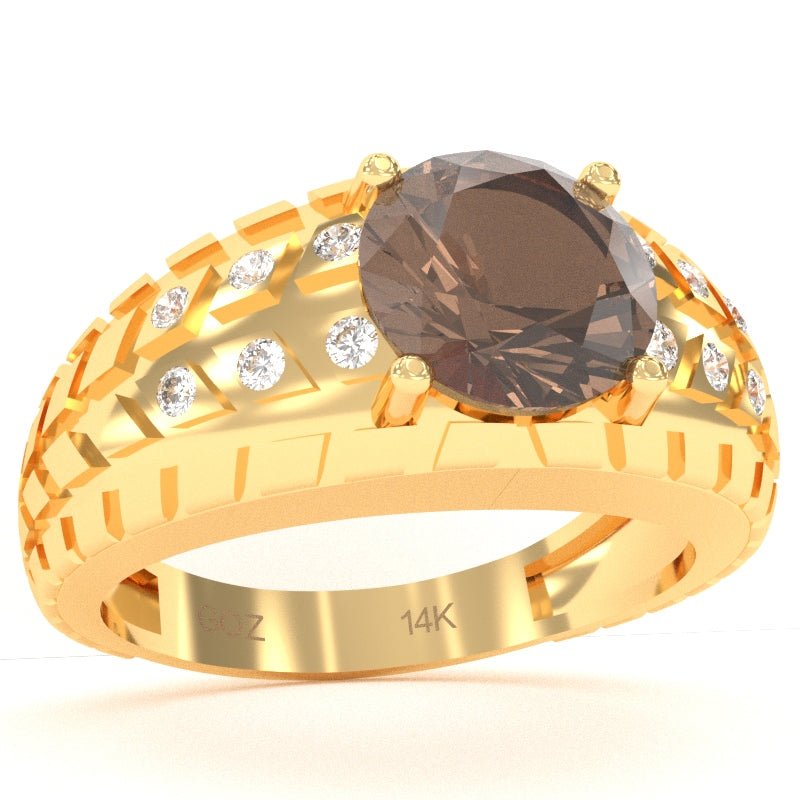 Men's Tire Tread Smoky Quartz Diamond Ring In Solid 14k Yellow Gold