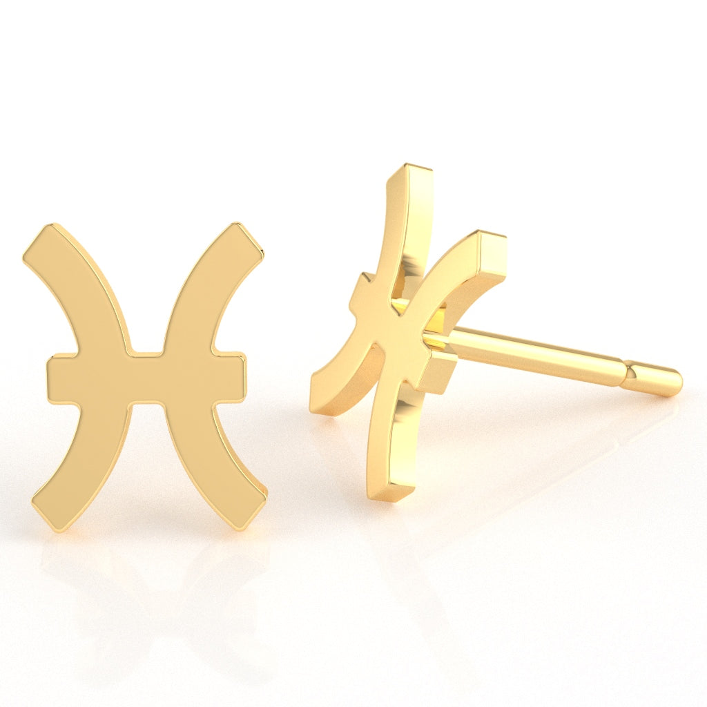 Pisces Zodiac Sign Stud Earrings In Solid 14K Yellow Gold