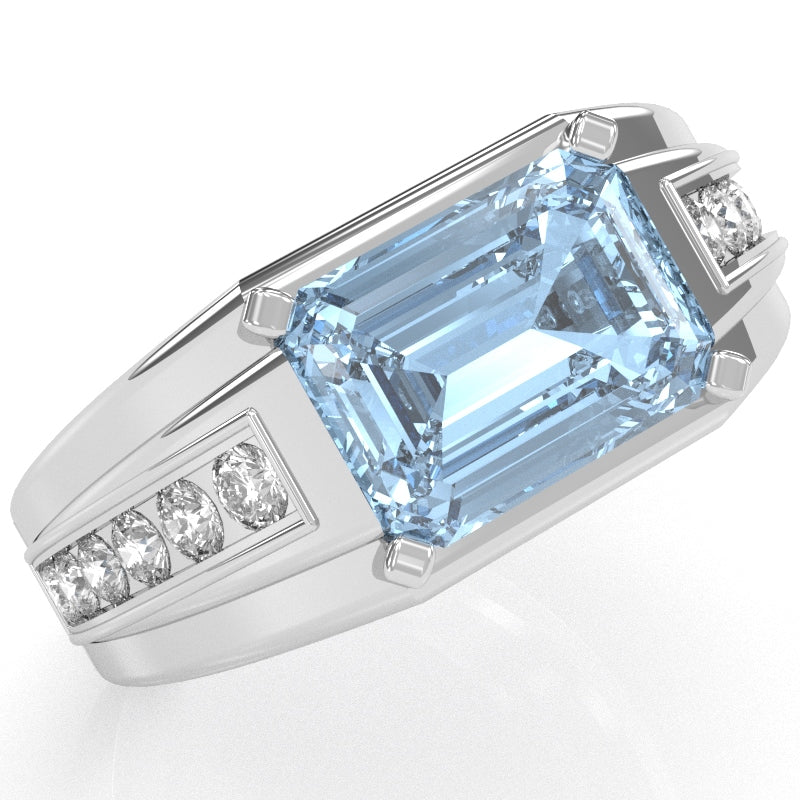 Men's Aquamarine Diamond Channel Ring In Solid 10k White Gold