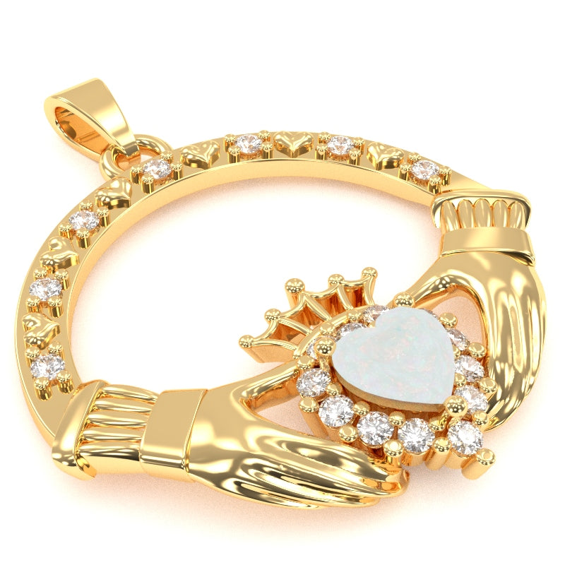 Opal Diamond Claddagh  Pendant in 14k Yellow Gold