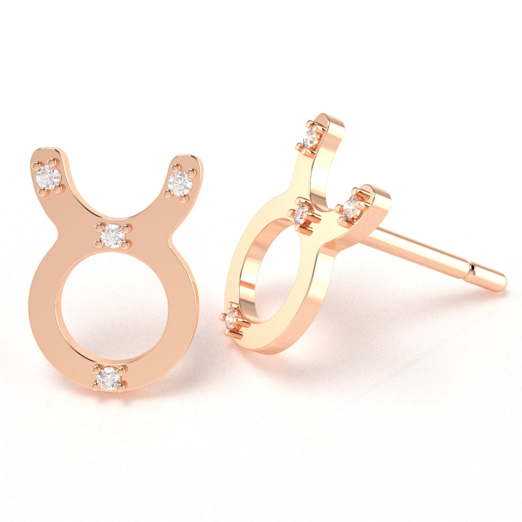 Taurus Zodiac Sign Diamond Stud Earrings In Solid 10K Rose Gold