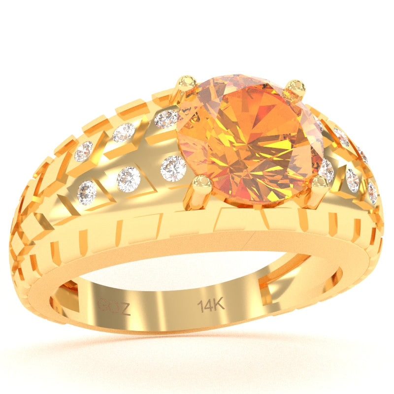 Men's Tire Tread Citrine Diamond Ring In Solid 14k Yellow Gold