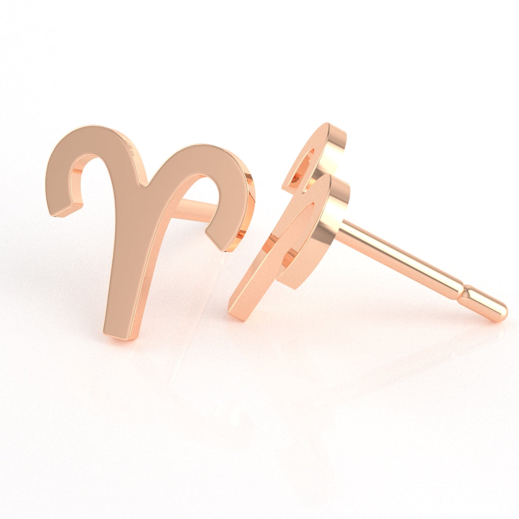 Aries Zodiac Sign Stud Earrings In Solid 14K Rose Gold