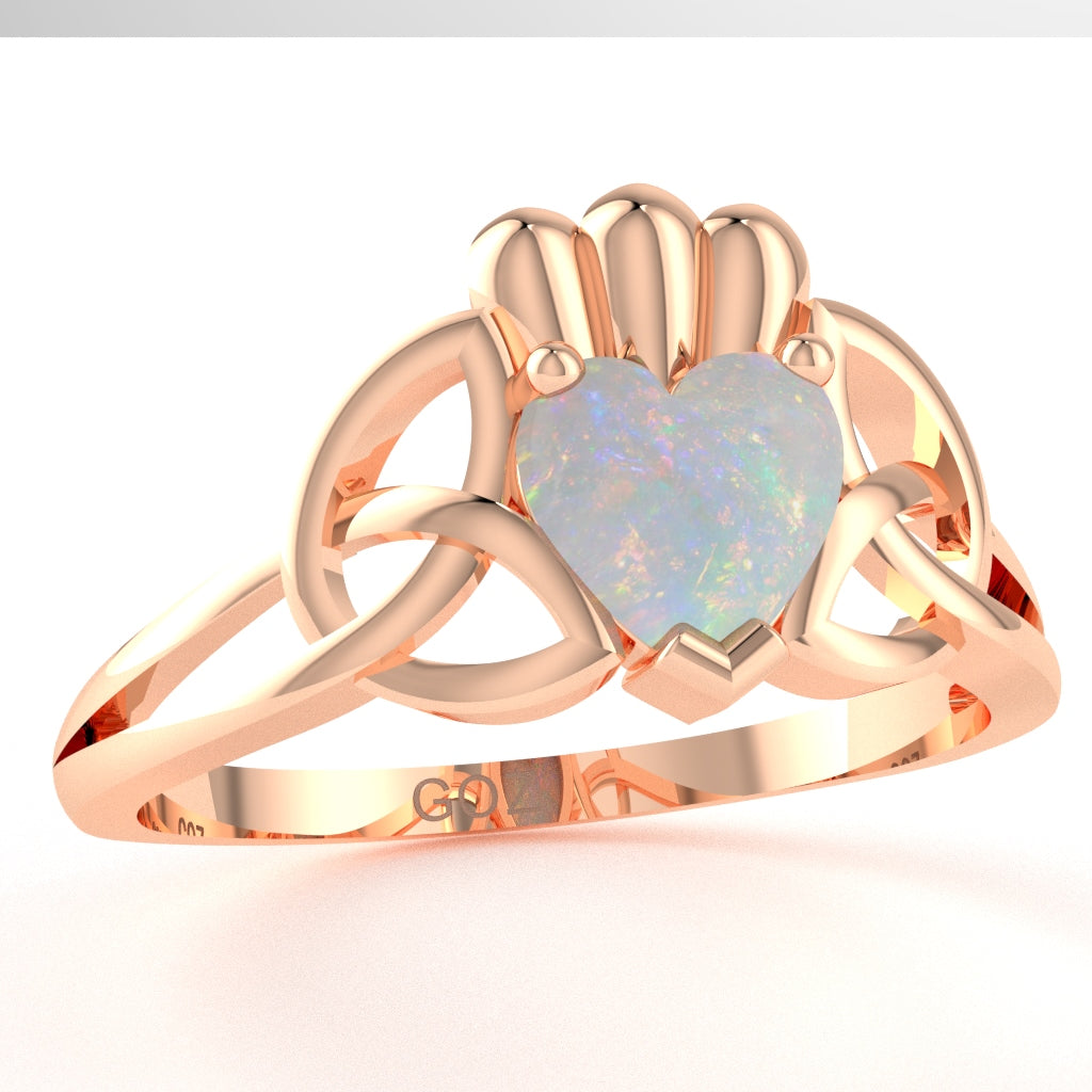 Celtic Trinity Knot Claddagh Opal Engagement Ring In 10k Rose Gold