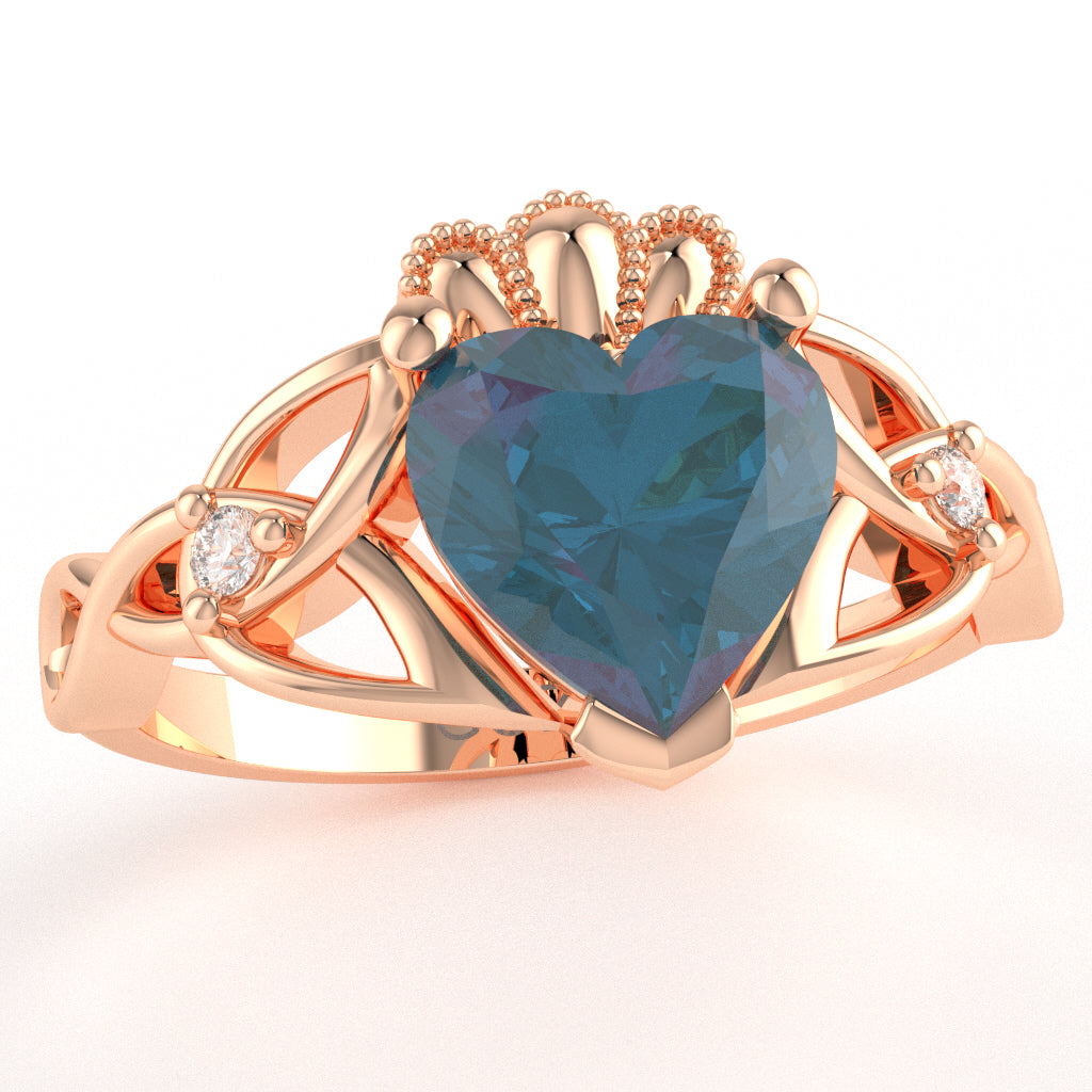 Celtic Trinity Knot Claddagh Heart Lab-Created Alexandrite Diamond Ring In 10k Rose Gold