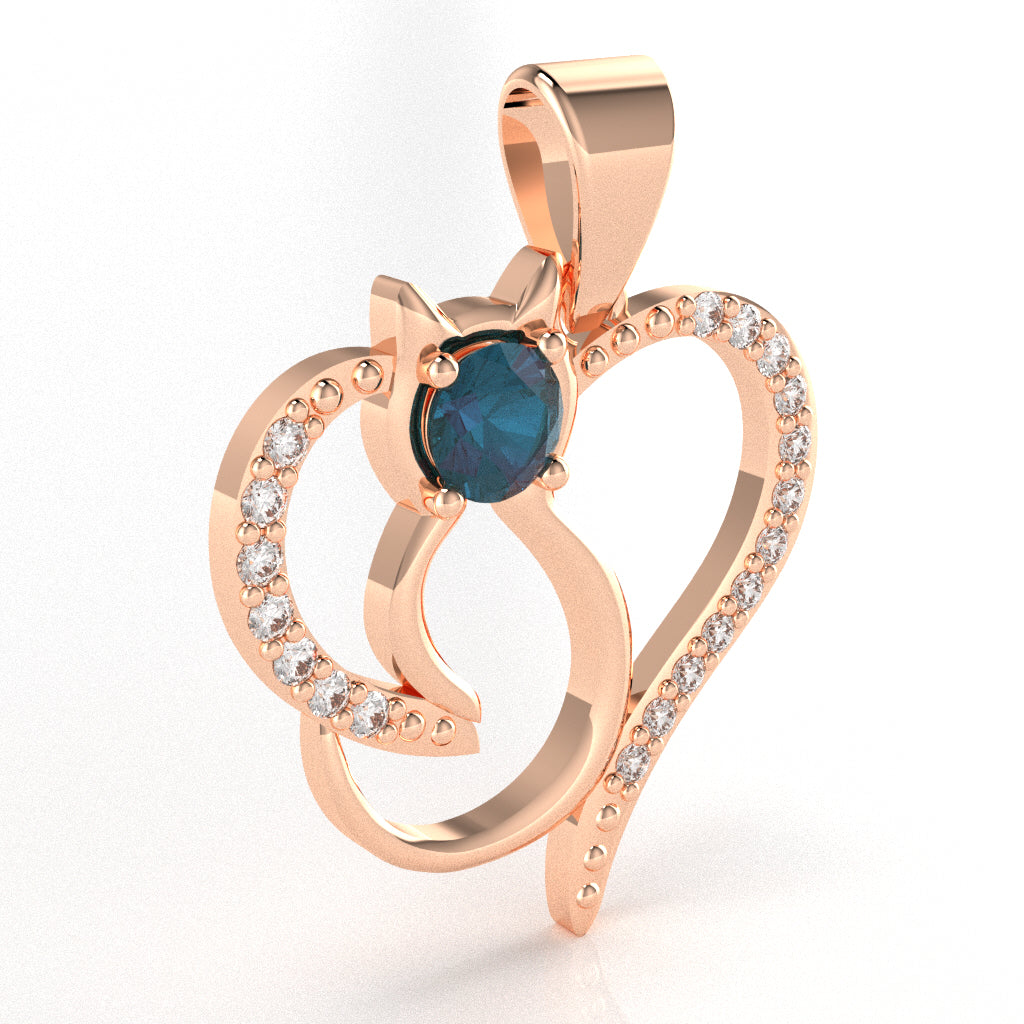 Lab-Created Alexandrite Diamond  Cat Love Heart Pendant In 14k Rose Gold