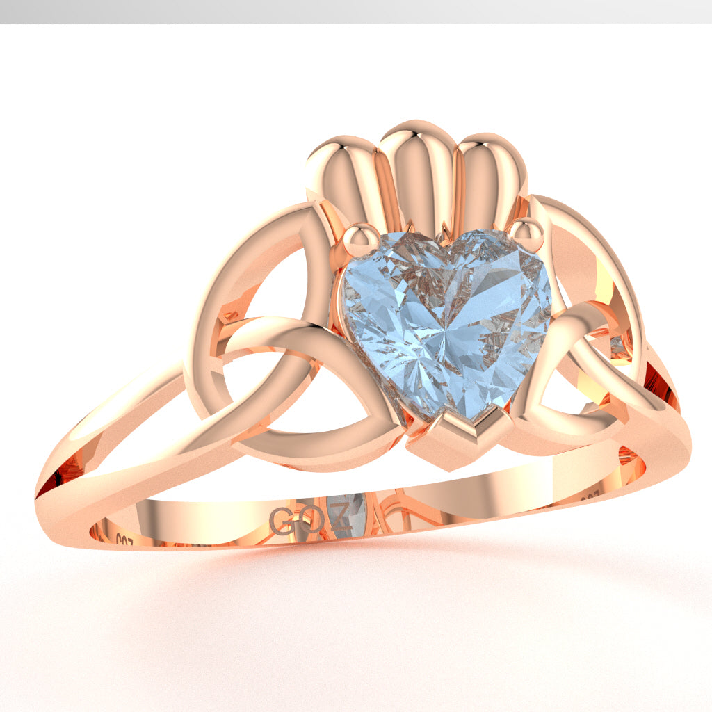Celtic Trinity Knot Claddagh Aquamarine Engagement Ring In 10k Rose Gold