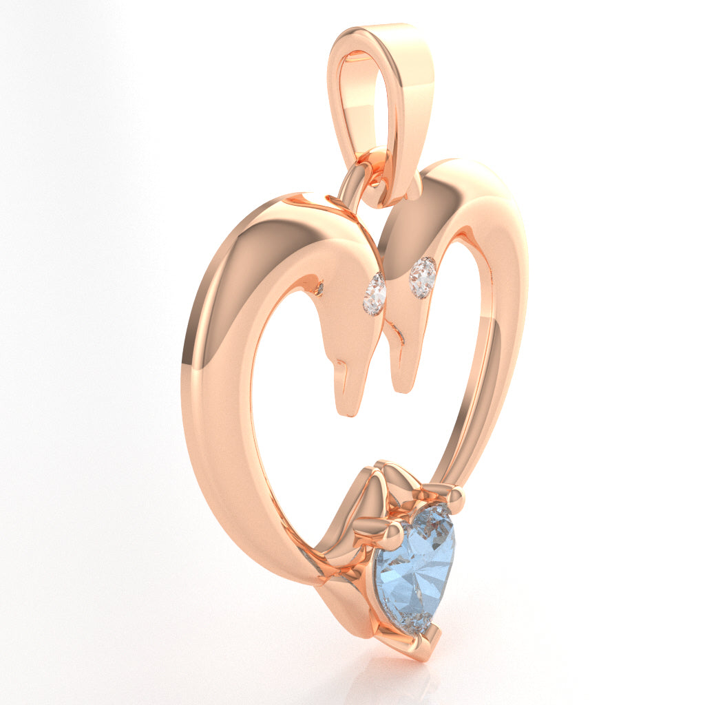 Aquamarine Diamond  2 Dolphins Heart Love Pendant In 10k Rose Gold
