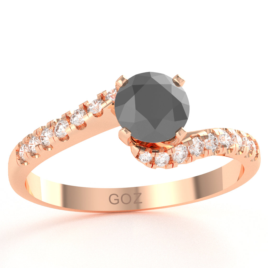 Black Onyx Diamond Curly Dainty Engagement Ring In 14k Rose Gold