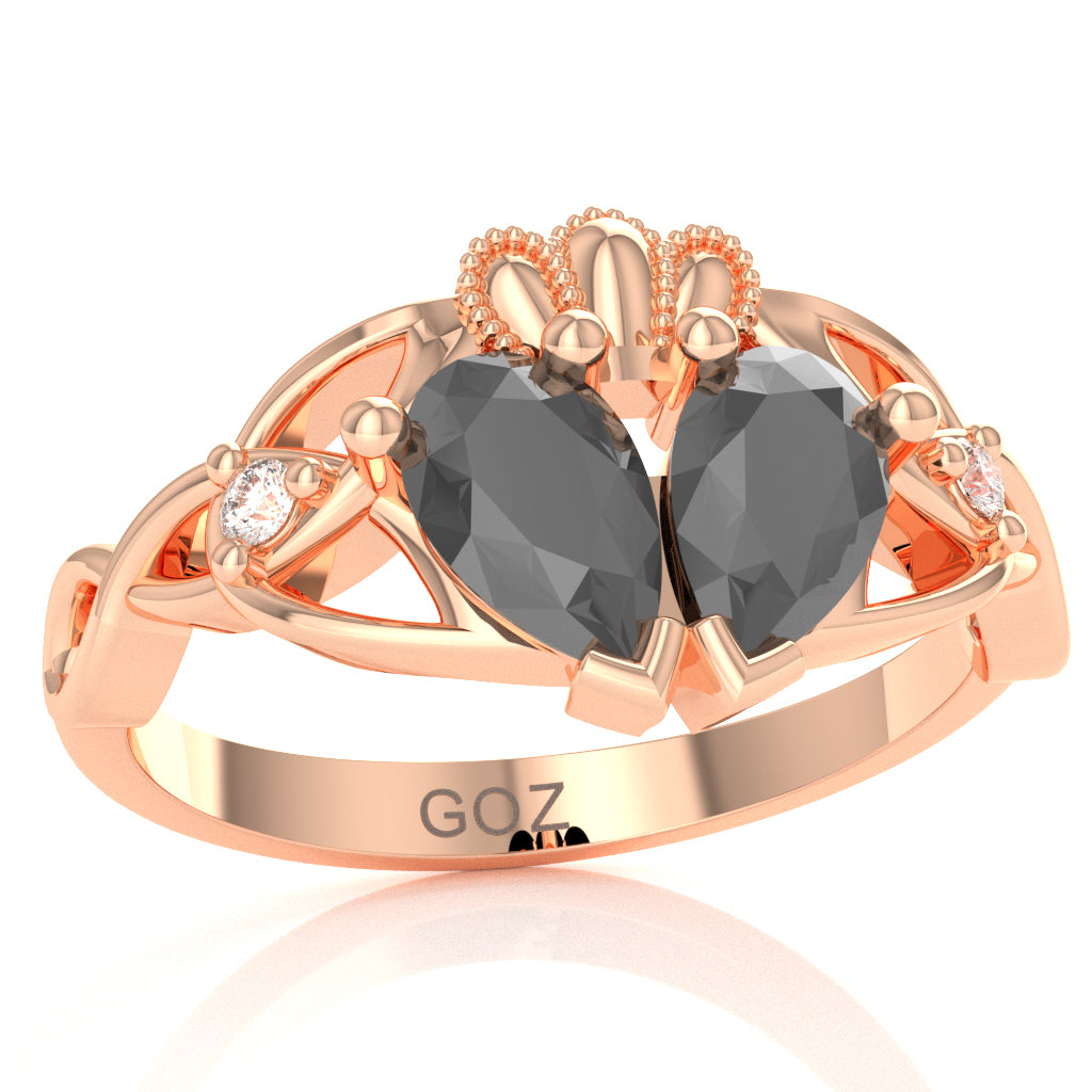 Black Onyx Diamond Celtic Knot Heart Claddagh Ring In 10k Rose Gold
