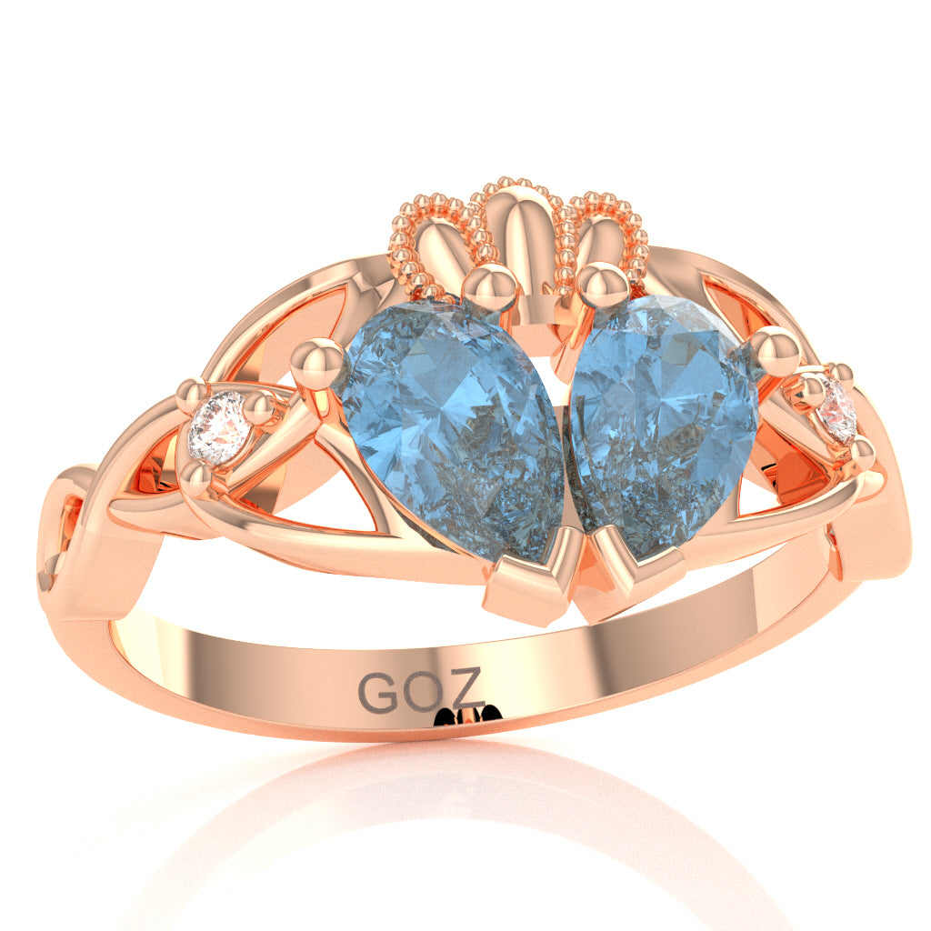 Blue Topaz Diamond Celtic Knot Heart Claddagh Ring In 14k Rose Gold