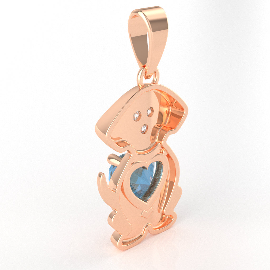 Blue Topaz Diamond  Puppy Love Heart Pendant In 14k Rose Gold
