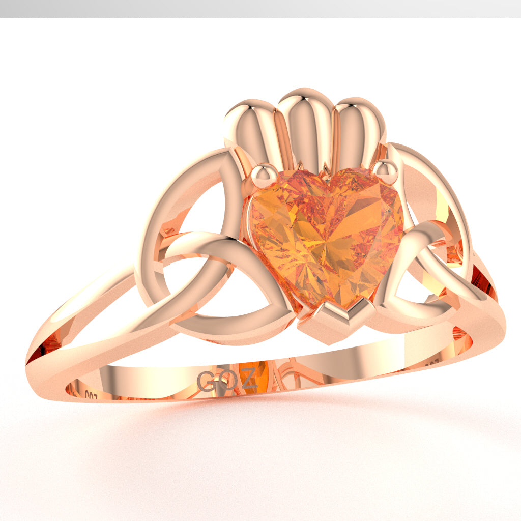Celtic Trinity Knot Claddagh Citrine Engagement Ring In 14k Rose Gold