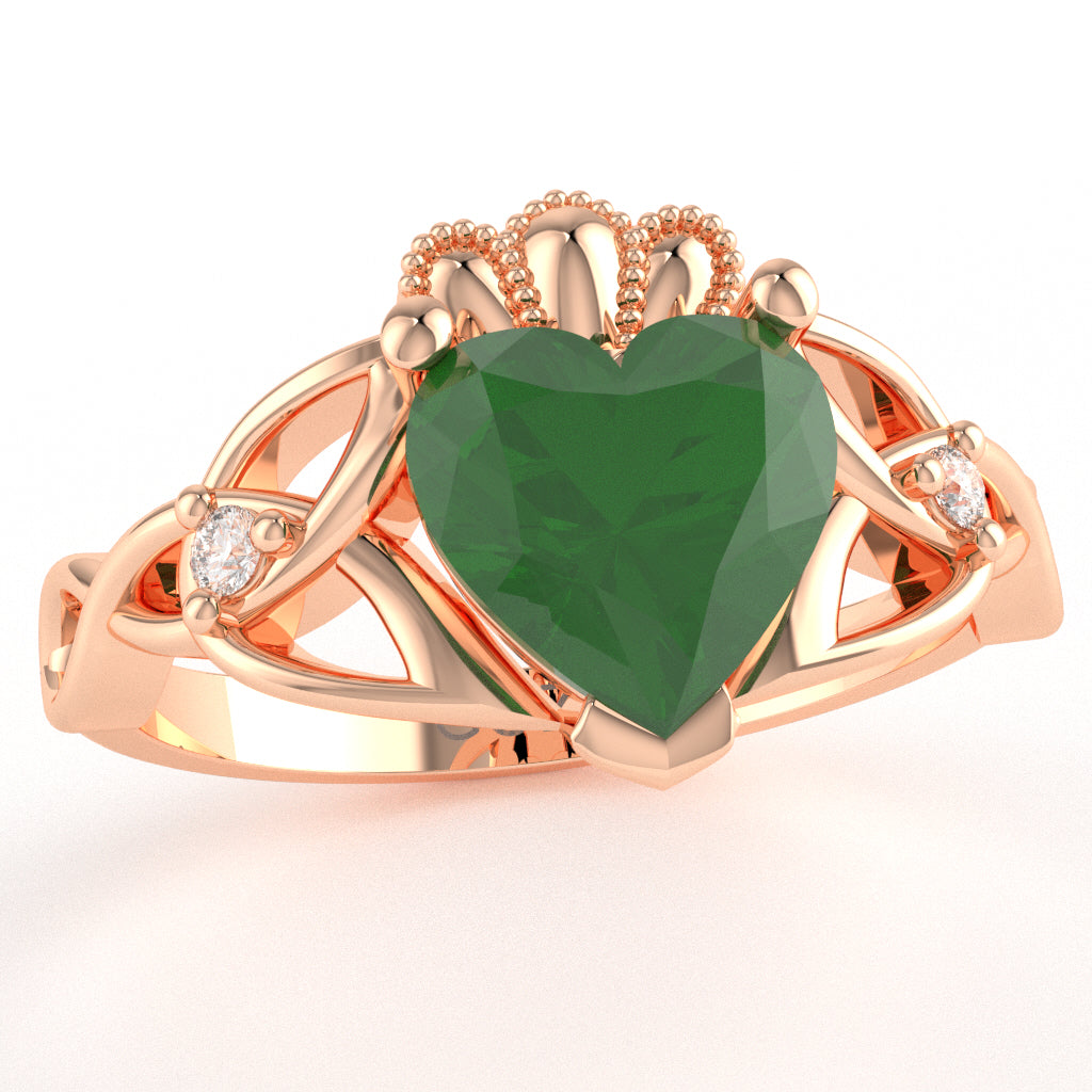Celtic Trinity Knot Claddagh Heart Emerald Diamond Ring In 10k Rose Gold