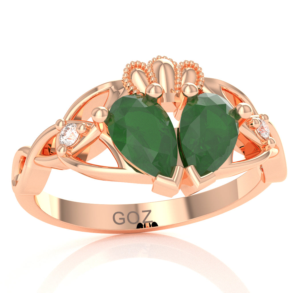 Emerald Diamond Celtic Knot Heart Claddagh Ring In 10k Rose Gold