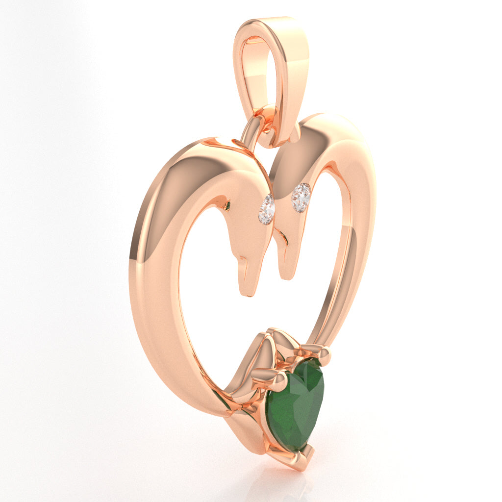 Emerald Diamond  2 Dolphins Heart Love Pendant In 10k Rose Gold