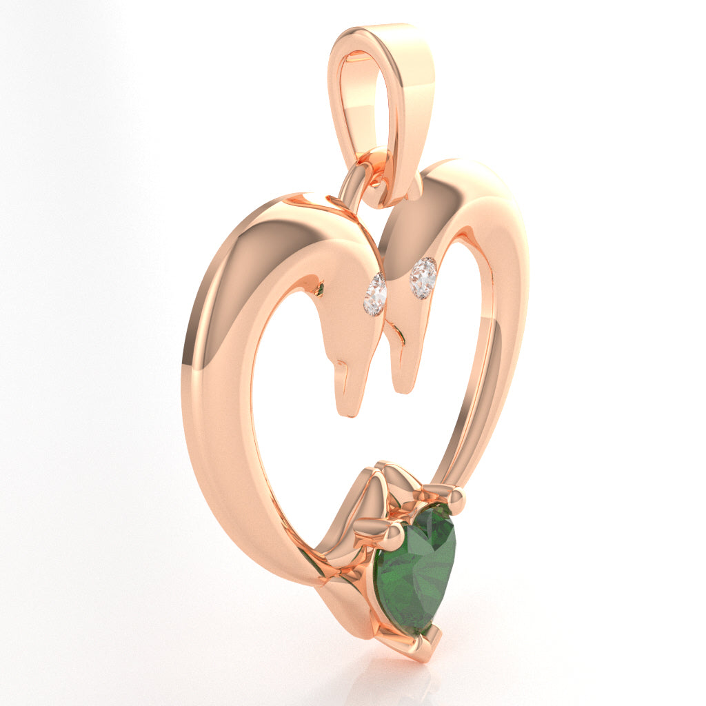 Lab-Created Emerald Diamond  2 Dolphins Heart Love Pendant In 10k Rose Gold