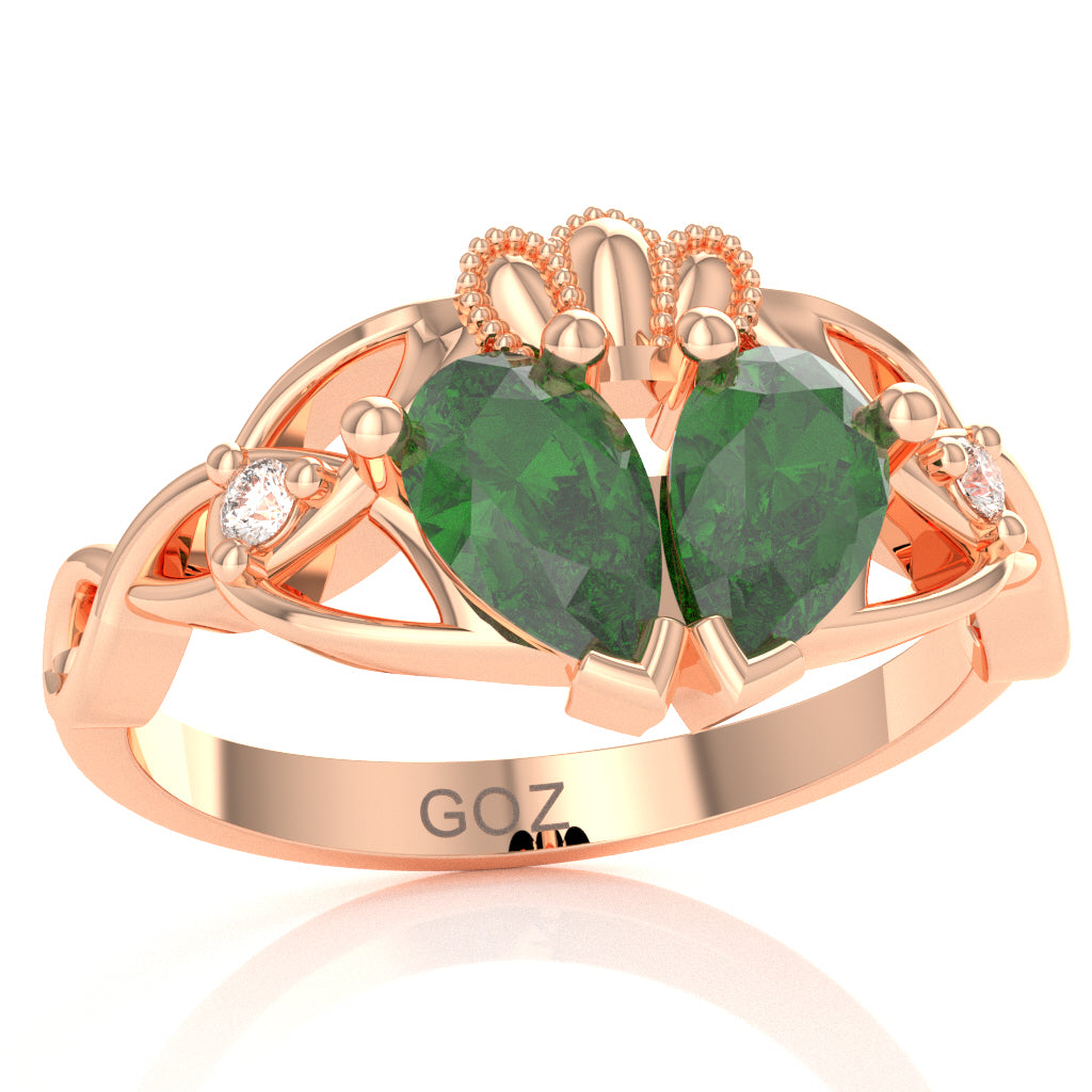 Lab-Created Emerald Diamond Celtic Knot Heart Claddagh Ring In 14k Rose Gold