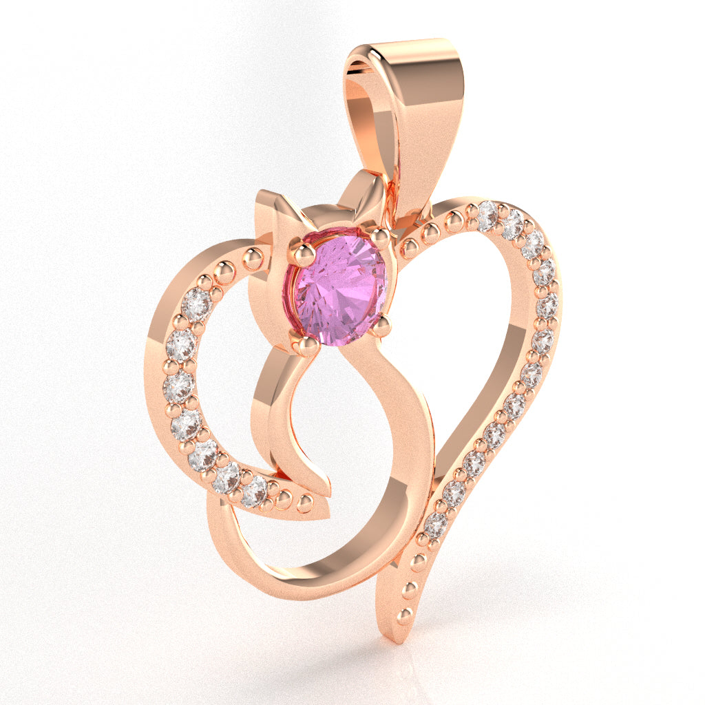 Lab-Created Pink Sapphire Diamond  Cat Love Heart Pendant In 10k Rose Gold