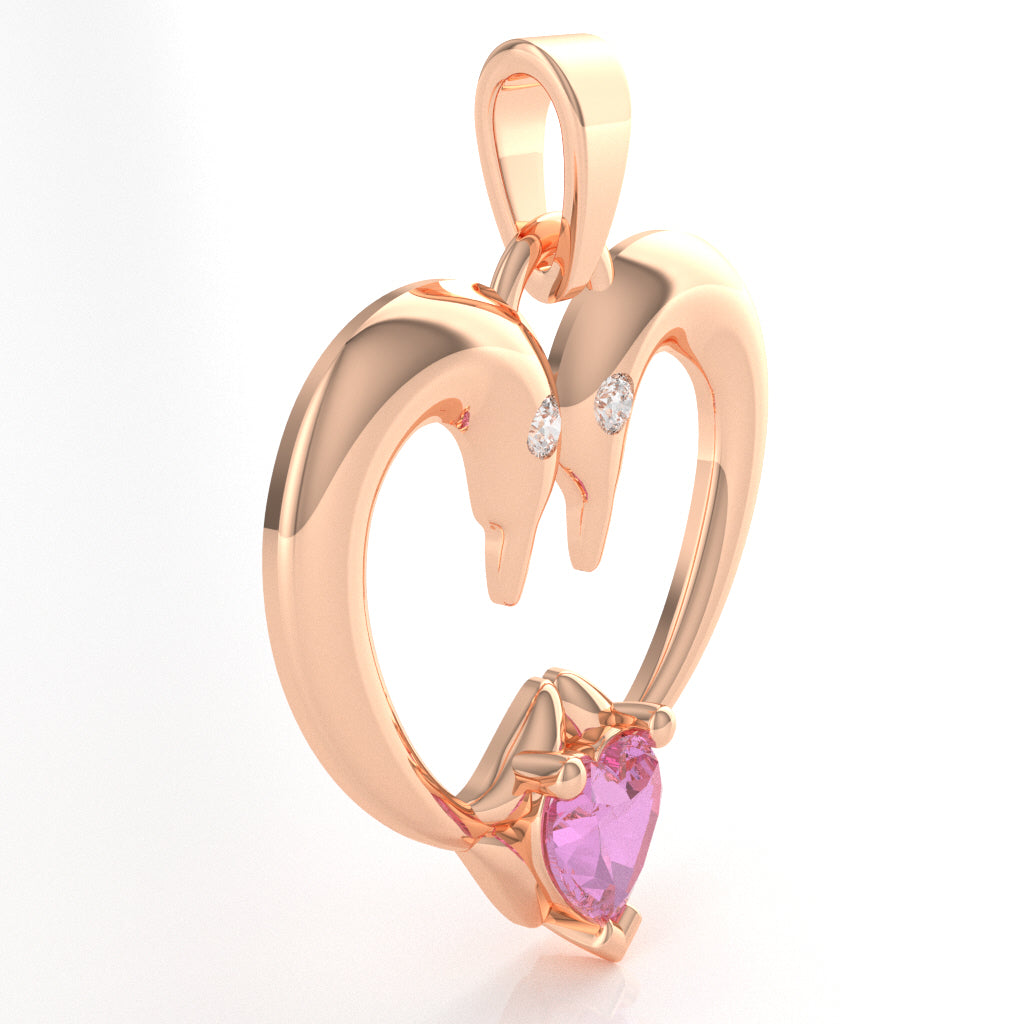 Lab-Created Pink Sapphire Diamond  2 Dolphins Heart Love Pendant In 10k Rose Gold