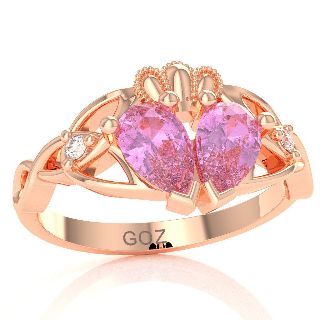 Lab-Created Pink Sapphire Diamond Celtic Knot Heart Claddagh Ring In 14k Rose Gold
