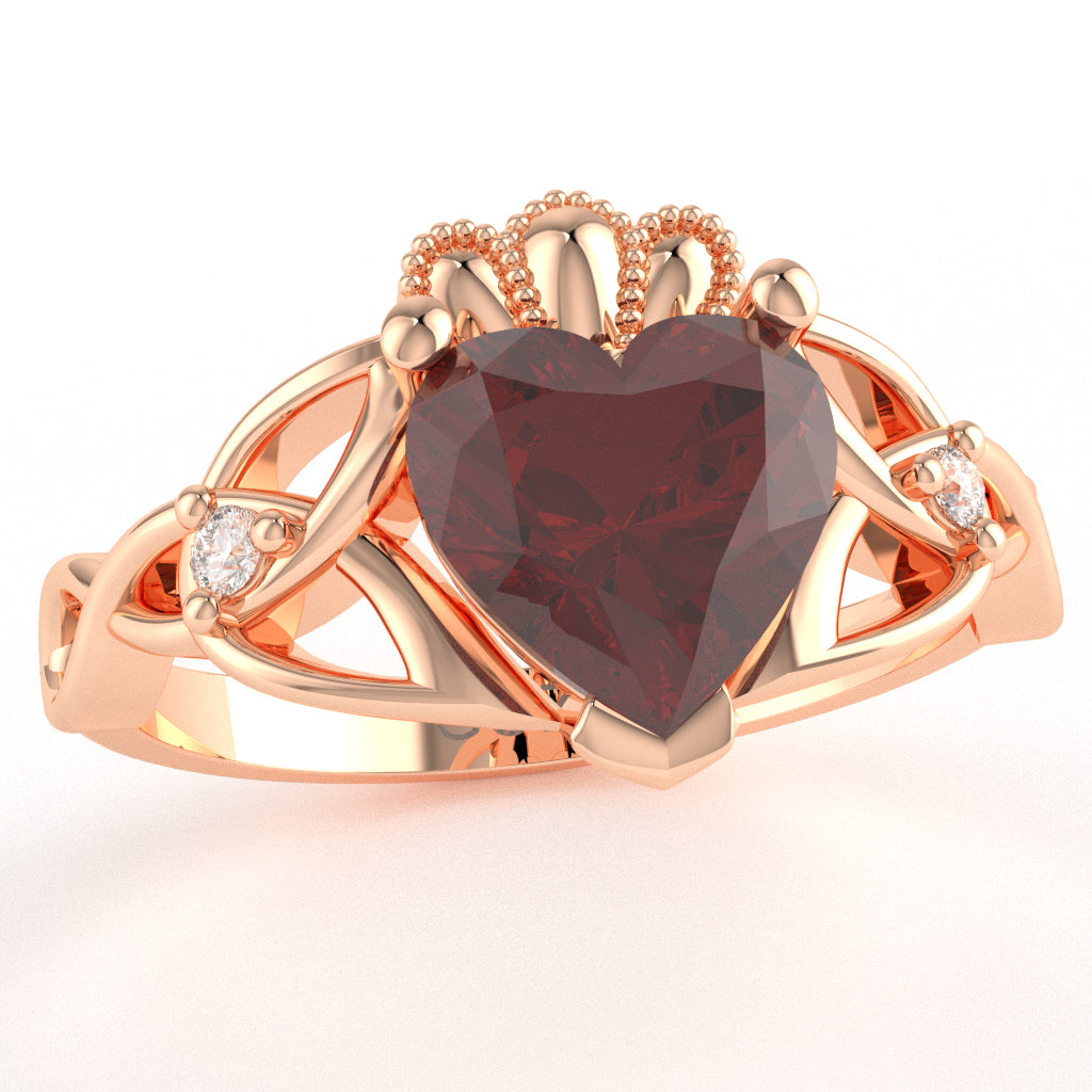 Celtic Trinity Knot Claddagh Heart Lab-Created Ruby Diamond Ring In 10k Rose Gold