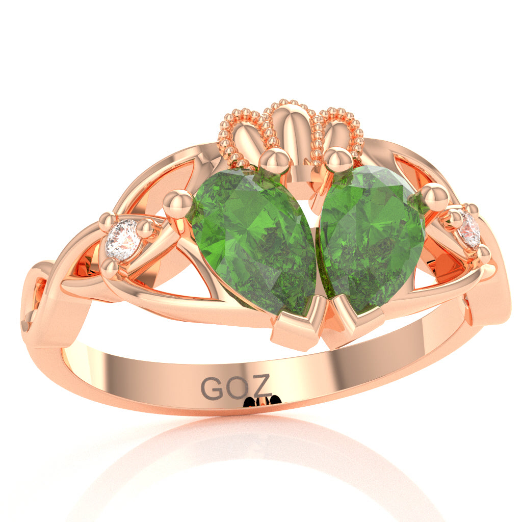 Peridot Diamond Celtic Knot Heart Claddagh Ring In 10k Rose Gold