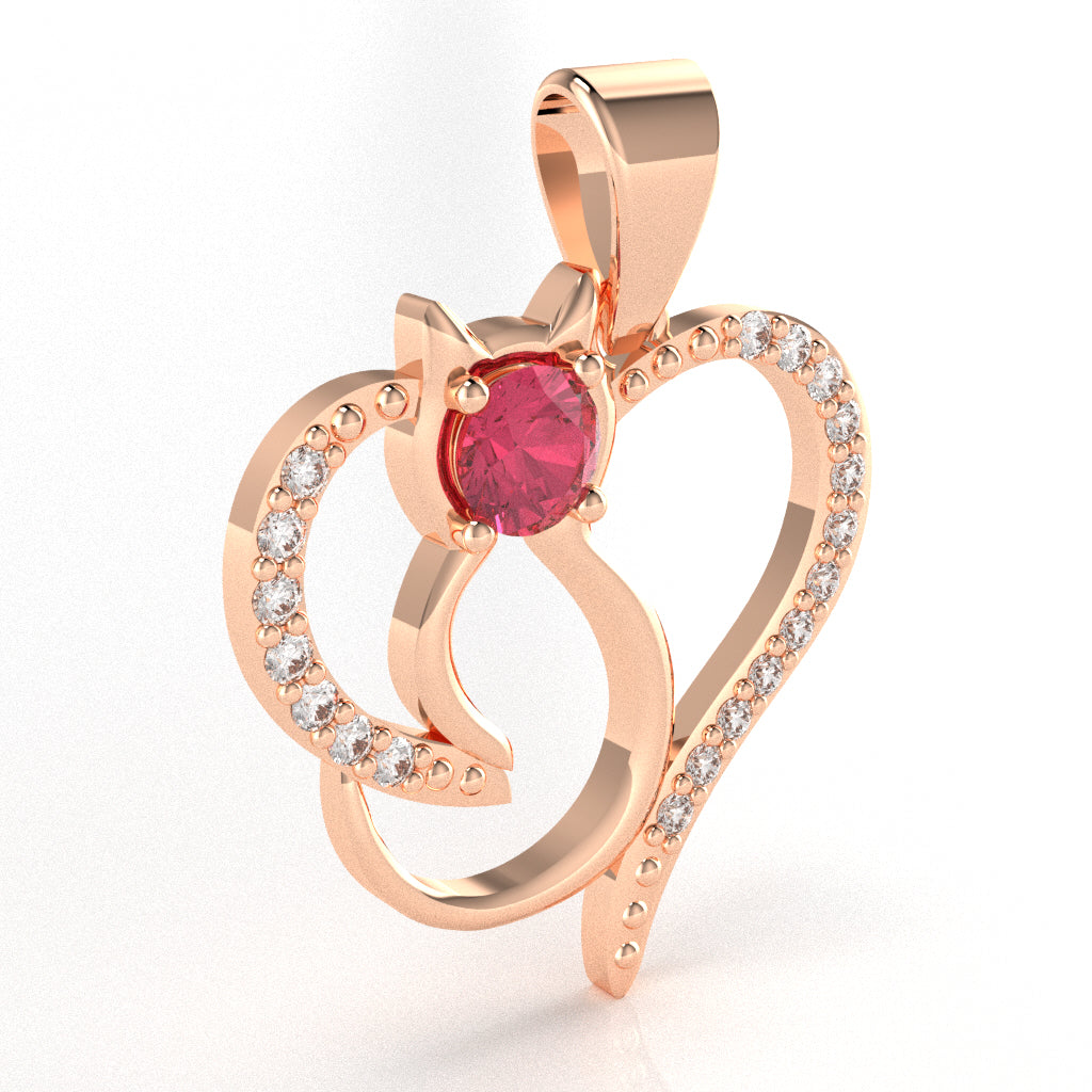 Pink Tourmaline Diamond  Cat Love Heart Pendant In 14k Rose Gold