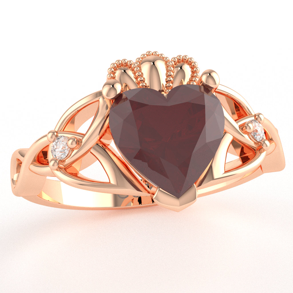 Celtic Trinity Knot Claddagh Heart Ruby Diamond Ring In 14k Rose Gold