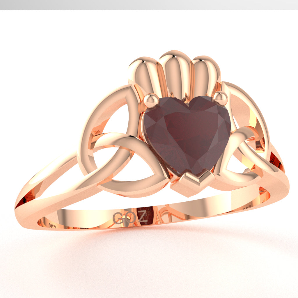 Celtic Trinity Knot Claddagh Ruby Engagement Ring In 10k Rose Gold