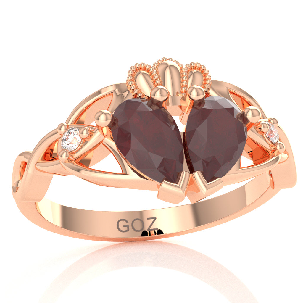 Ruby Diamond Celtic Knot Heart Claddagh Ring In 14k Rose Gold