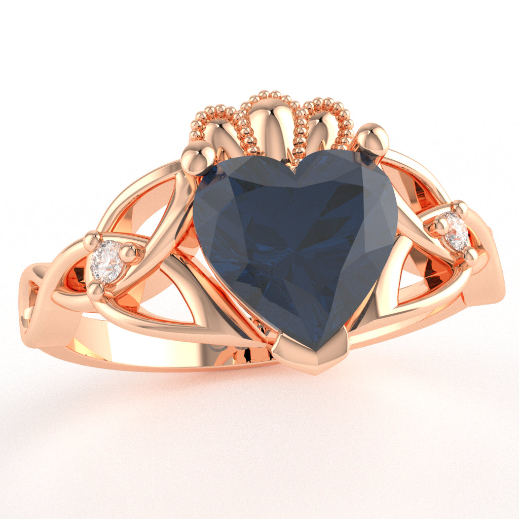 Celtic Trinity Knot Claddagh Heart Lab-Created Sapphire Diamond Ring In 14k Rose Gold