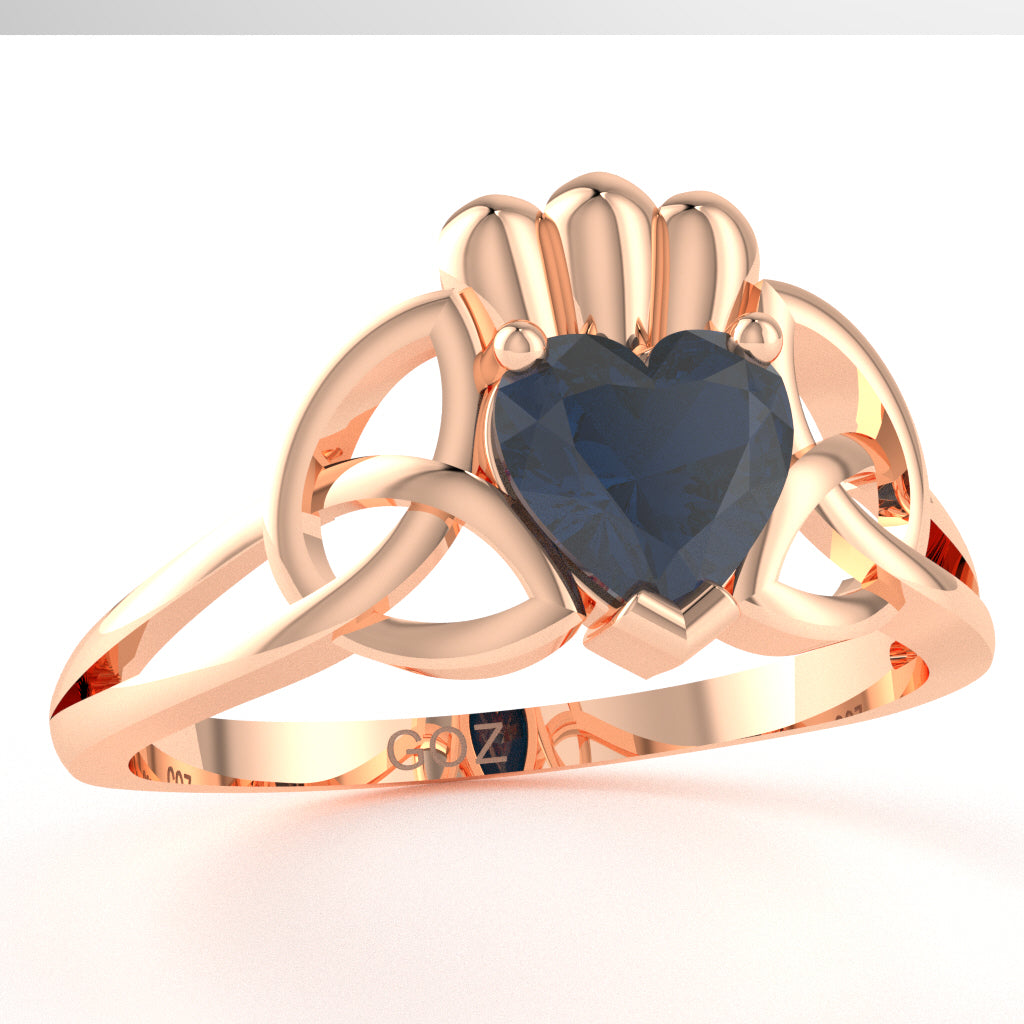 Celtic Trinity Knot Claddagh Sapphire Engagement Ring In 14k Rose Gold