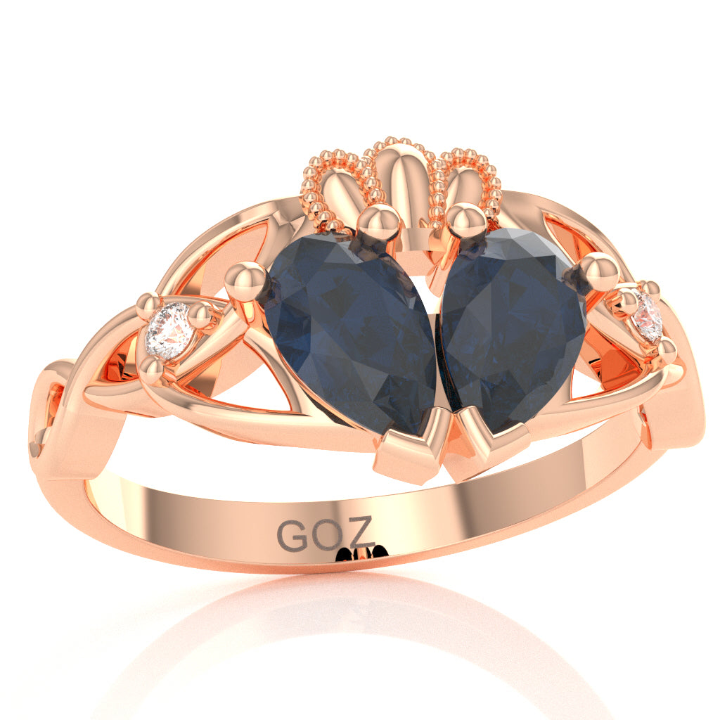 Sapphire Diamond Celtic Knot Heart Claddagh Ring In 10k Rose Gold
