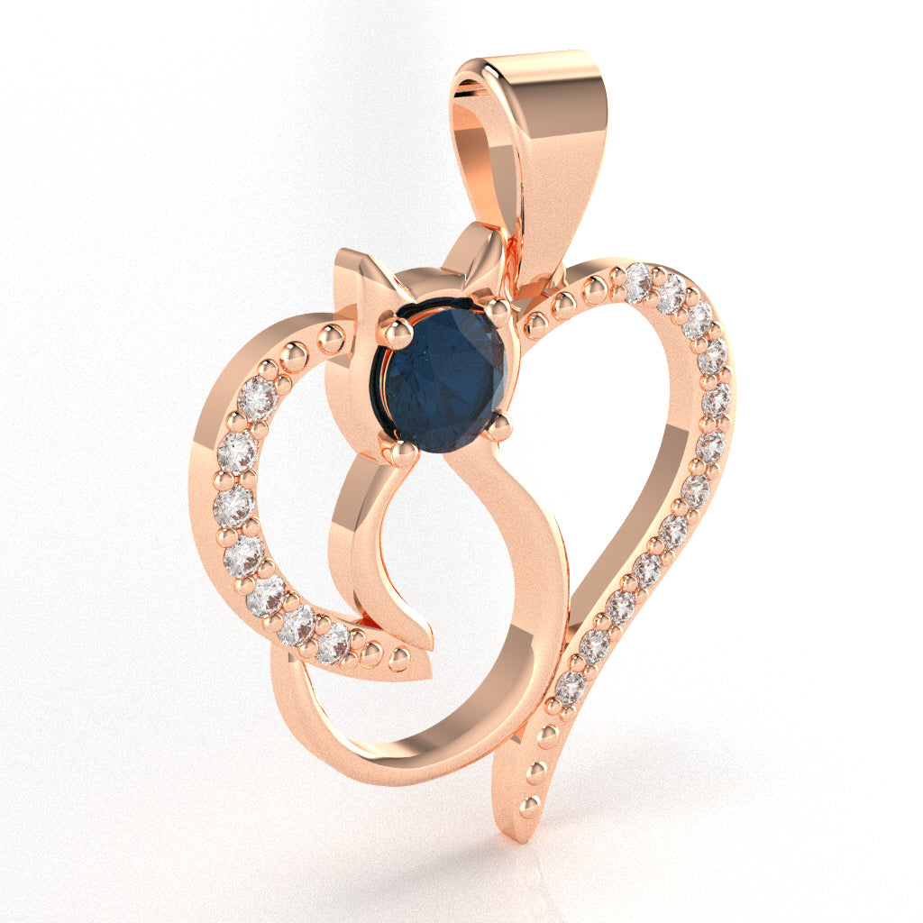 Lab-Created Sapphire Diamond  Cat Love Heart Pendant In 14k Rose Gold