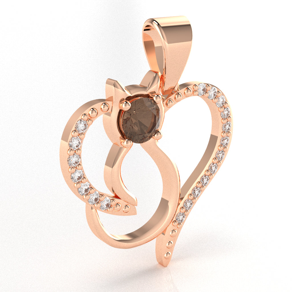 Smoky Quartz Diamond  Cat Love Heart Pendant In 10k Rose Gold