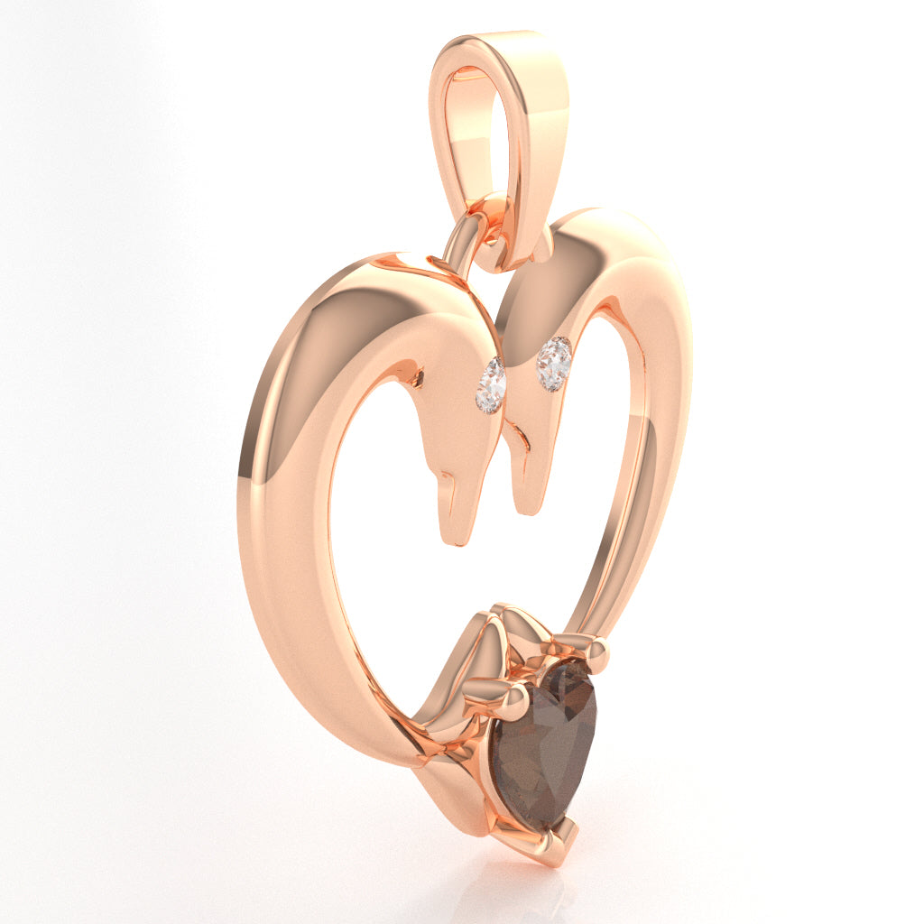 Smoky Quartz Diamond  2 Dolphins Heart Love Pendant In 10k Rose Gold