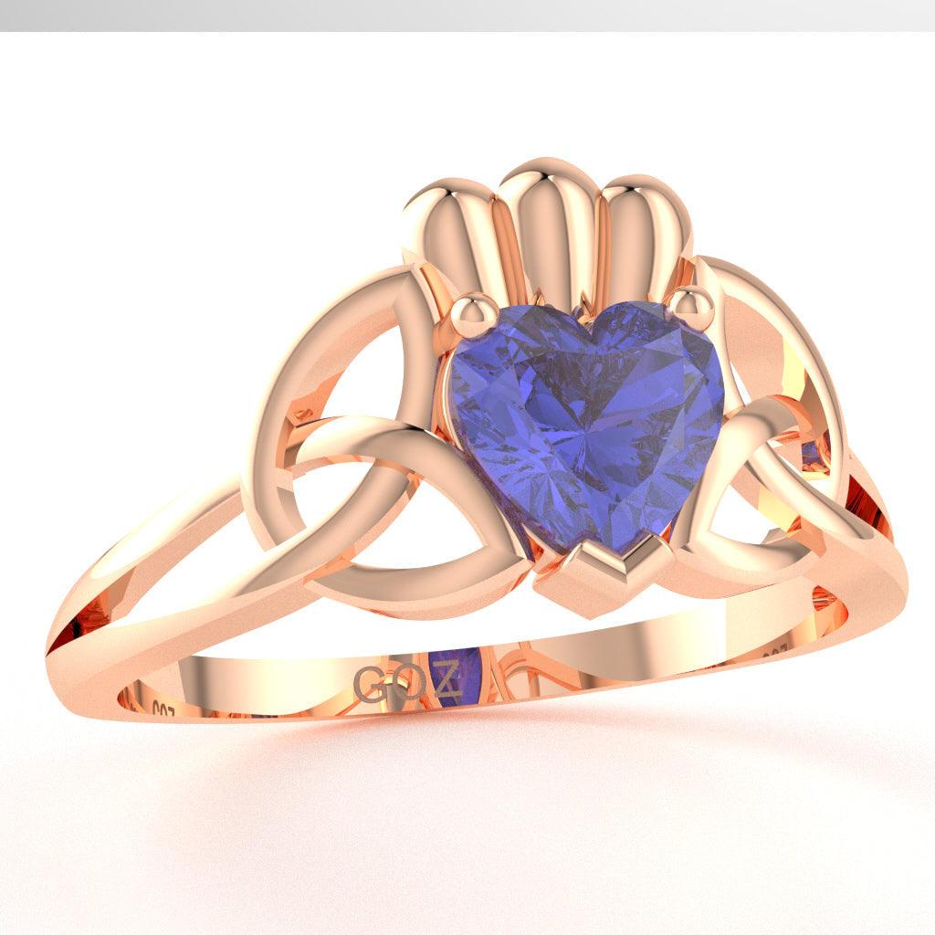 Celtic Trinity Knot Claddagh Tanzanite Engagement Ring In 14k Rose Gold