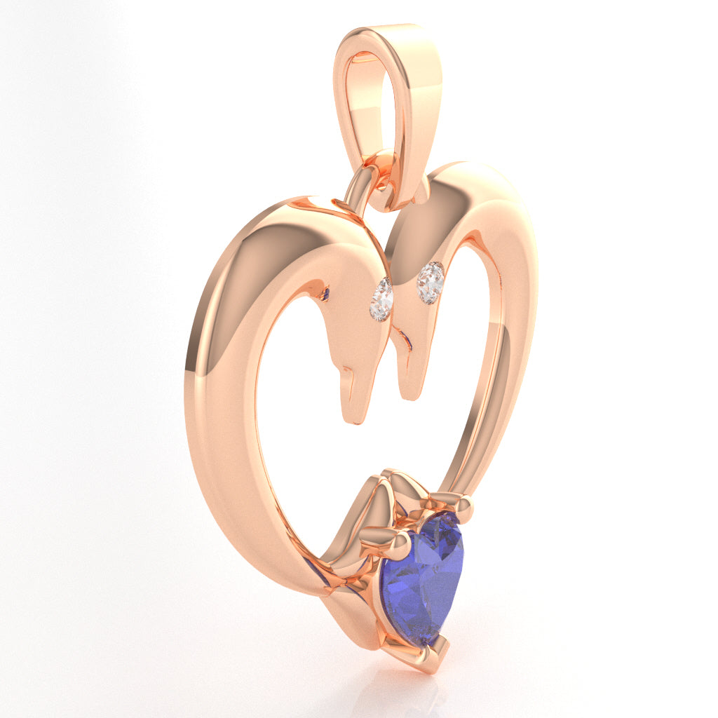 Tanzanite Diamond  2 Dolphins Heart Love Pendant In 10k Rose Gold